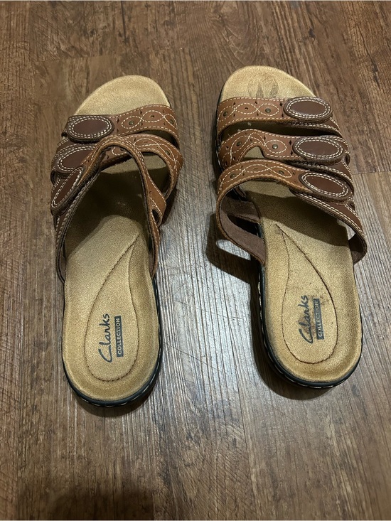 Clarks Shoes - Clarks Brown Triple-Strap Leather Slide Sandals - Women's